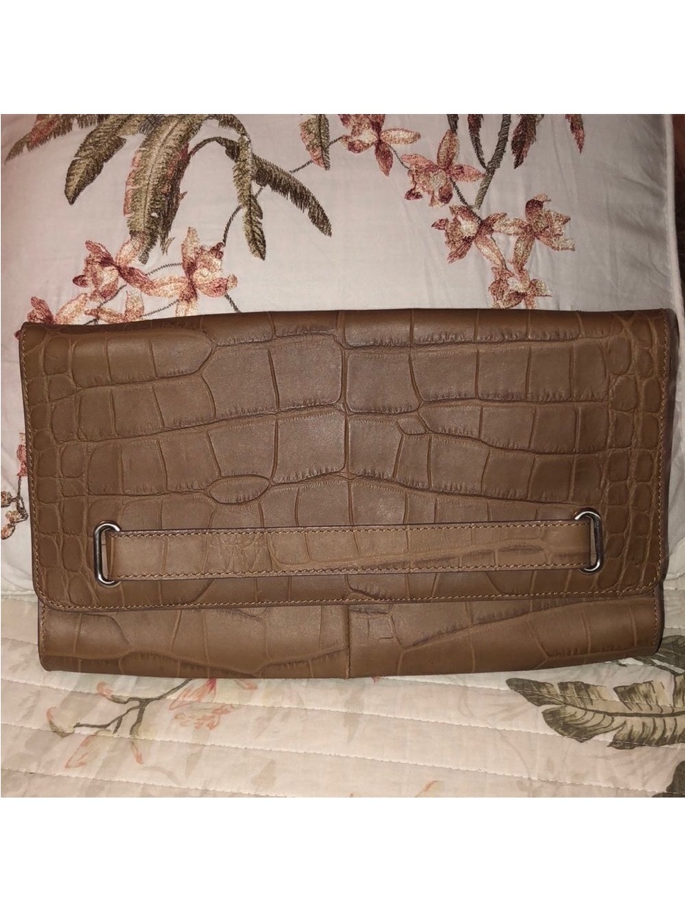 Halogen Tan Leather Croc Print Envelope Clutch